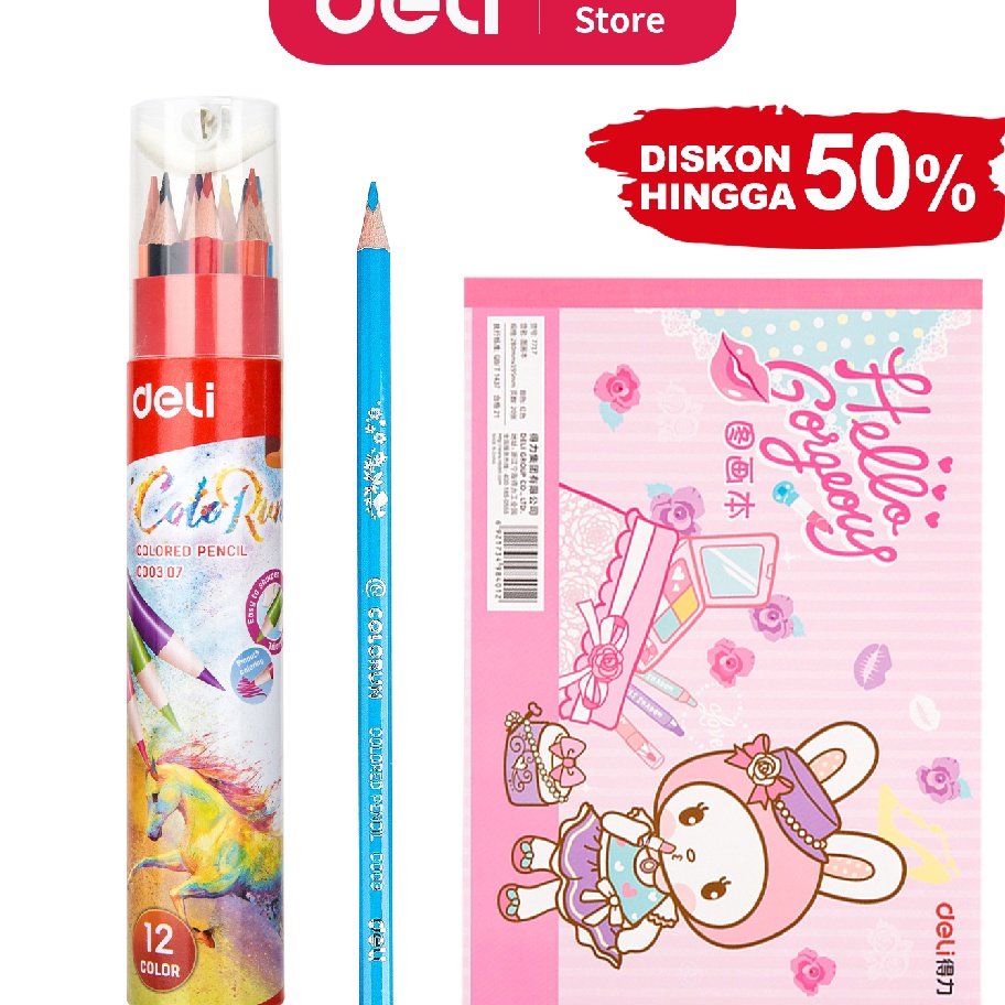 

Hot Deli combo Pensil Warna 12 Warna dengan Bonus Rautan Pensil pada with sketch book