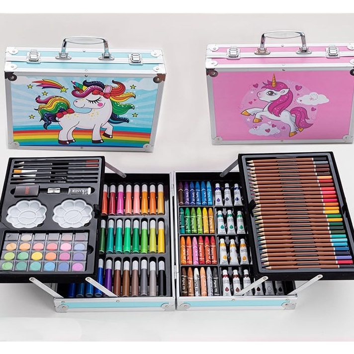 

KF7 GU Crayon Set 145pcs Koper Alumum Besi Krayon Pensil Warna 145 Pcs Box Alat Lukis Anak Koper Set