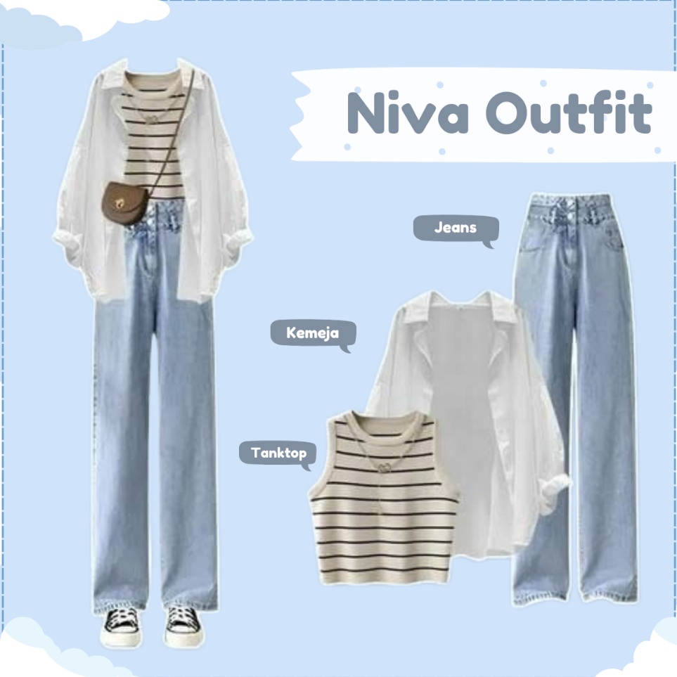 Dapatkan Buruan  Senada Outfit  Set Niva  Korean Style outfit  Tanktop  Kemeja Wanita  Celana Jeans 