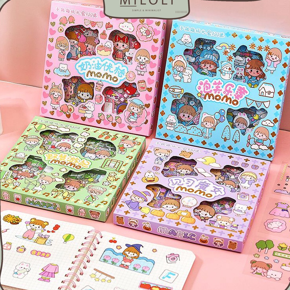 

KF7 MILOLI 1lembar SET MOMO CUTE SERIES Sticker PET DIY Scrapbook Stiker Hias Lucu in Box B392