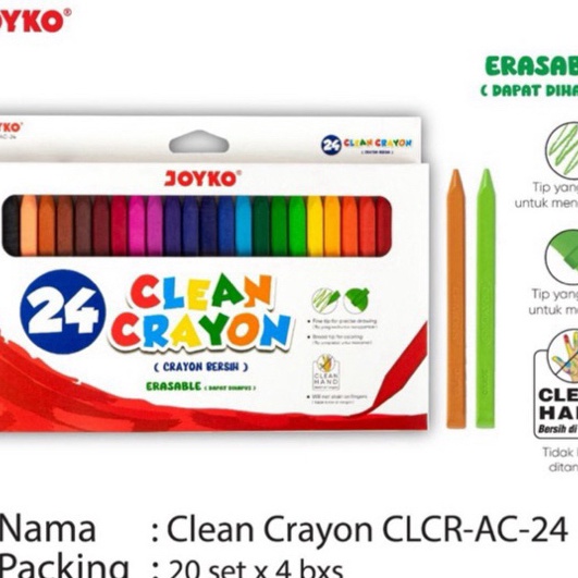 

Extra Krayon Bersih Dapat Dihapus Clean Crayon Erasable 12 warna dan 24 warna CLCRAB12 Joyko