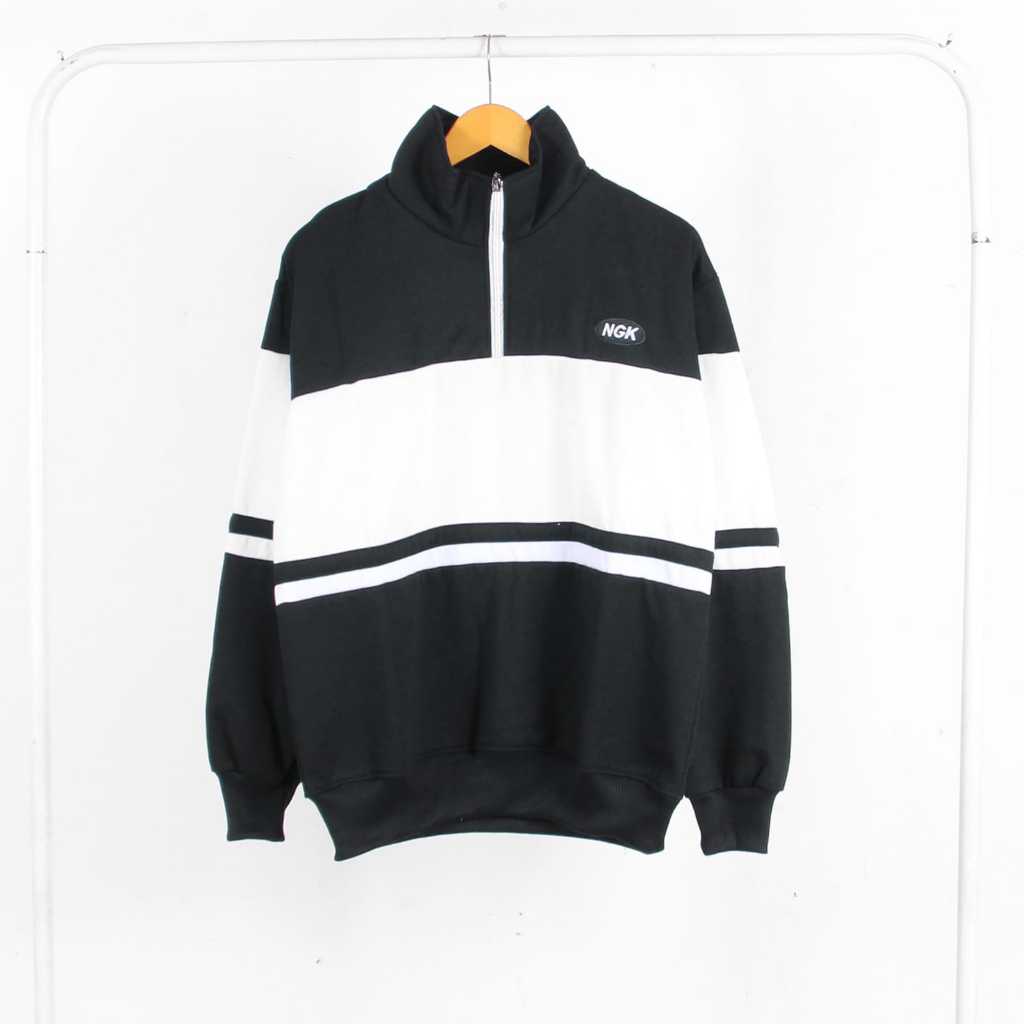 HALFZIP SWEATSHIRT NGK Hitam-Jaket SweatShirt  Rugby Half Zip Two Tone Jaket Pria Wanita Hitam