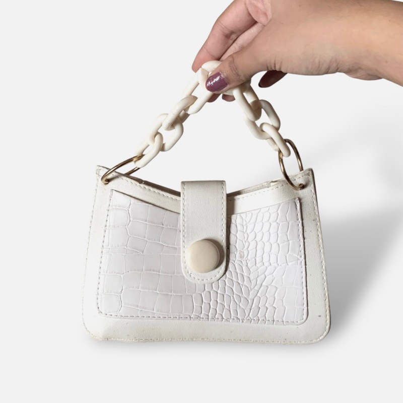 PRELOVED MINI HANDBAG WHITE CROCODILE LEATHER - HAND BAG MINI - TAS TANGAN WANITA - TAS RANTAI MINI