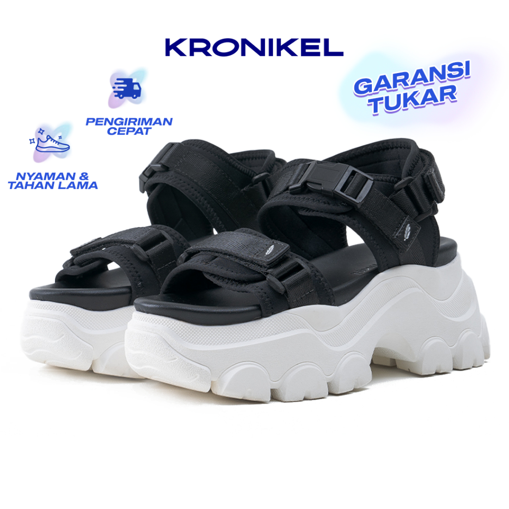 KRONIKEL Osaka Sandal Tinggi Tali Wanita Chunky Concert Sandal Hitam Putih Classic Black