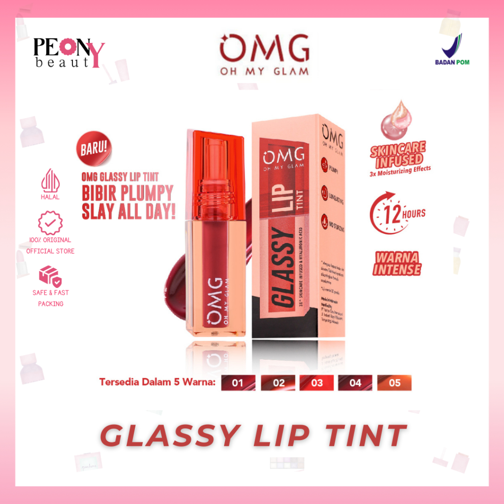 OMG OH MY GLAM Glassy Lip Tint 2g - Lip Tint Warna Intense Tahan 12 Jam, Skincare Infused | Lip Tint