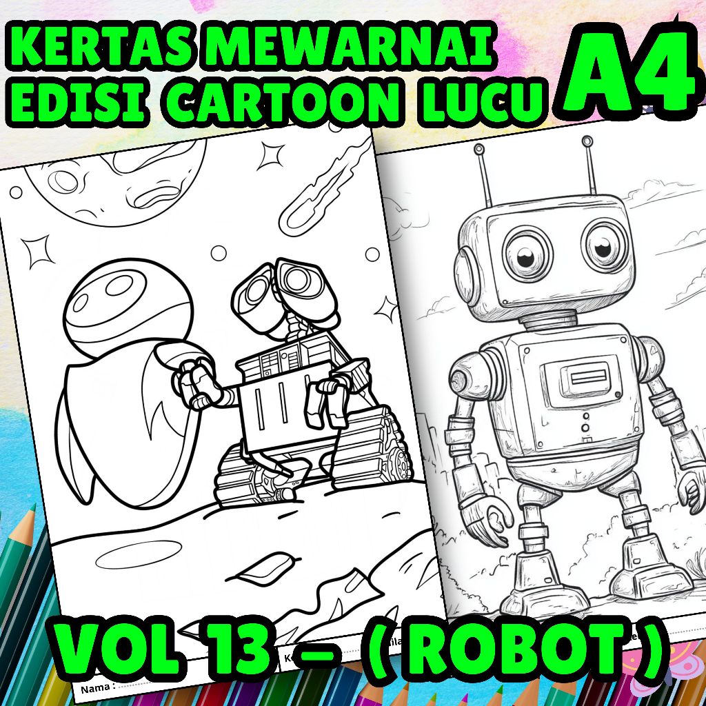 

MEDIA KERTAS KREATIFITAS MEWARNAI ANAK A4 DENGAN PRINT CETAK BUKAN COPY - MEDIA WARNA KARACTER KARTUN LUCU - CARTOON ROBOT - MAINAN CIKARANG