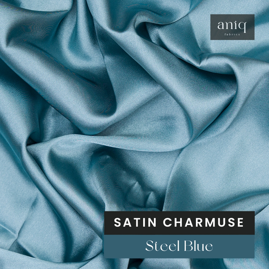 Aniq Fabrics Kain Satin Meteran Satin Silk Charmuse Premium Sateen Silk Satin Sutra - Steel Blue