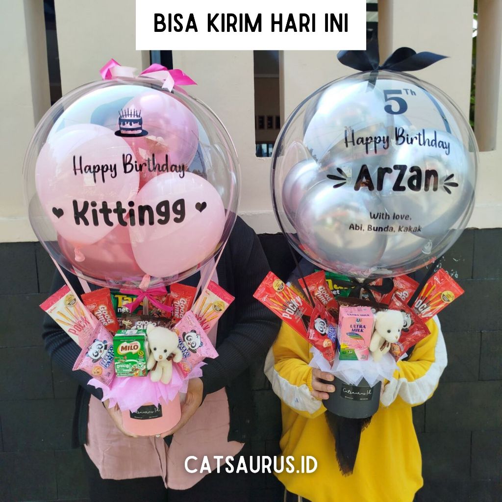 Buket Balon Snack Catsaurus dengan 6 Varian Camilan dan Boneka Teddy Kecil untuk Acara Ulang Tahun a