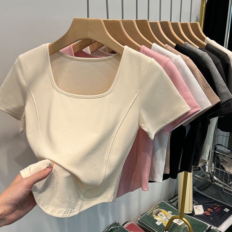 Kaos crop slim stretch/kaos hitam/kaos Apricot /T-shirt gaya Korea/kaos crop polos wanita