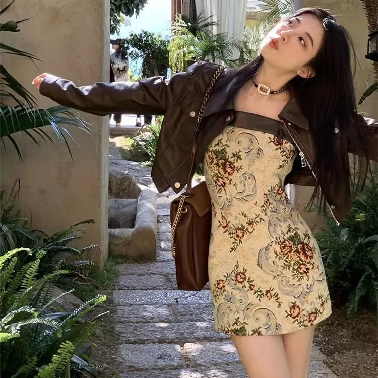 [Enamor] Setelan Dress Wanita Kekinian: Jas Kulit Retro & Rok Etnik Motif Bunga
