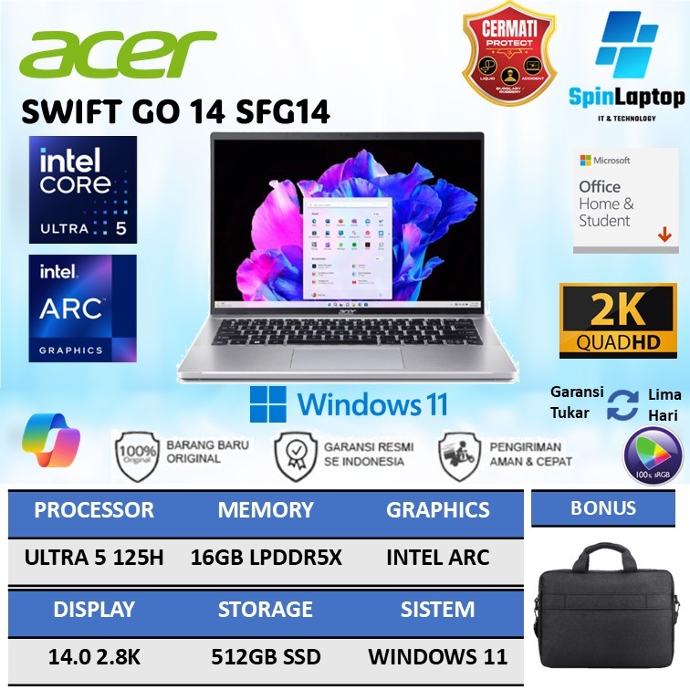 Laptop Acer Swift Go 14”  Intel Core Ultra 5 125H  RAM 16GB  SSD 512GB  100% sRGB Tipis dan ringan