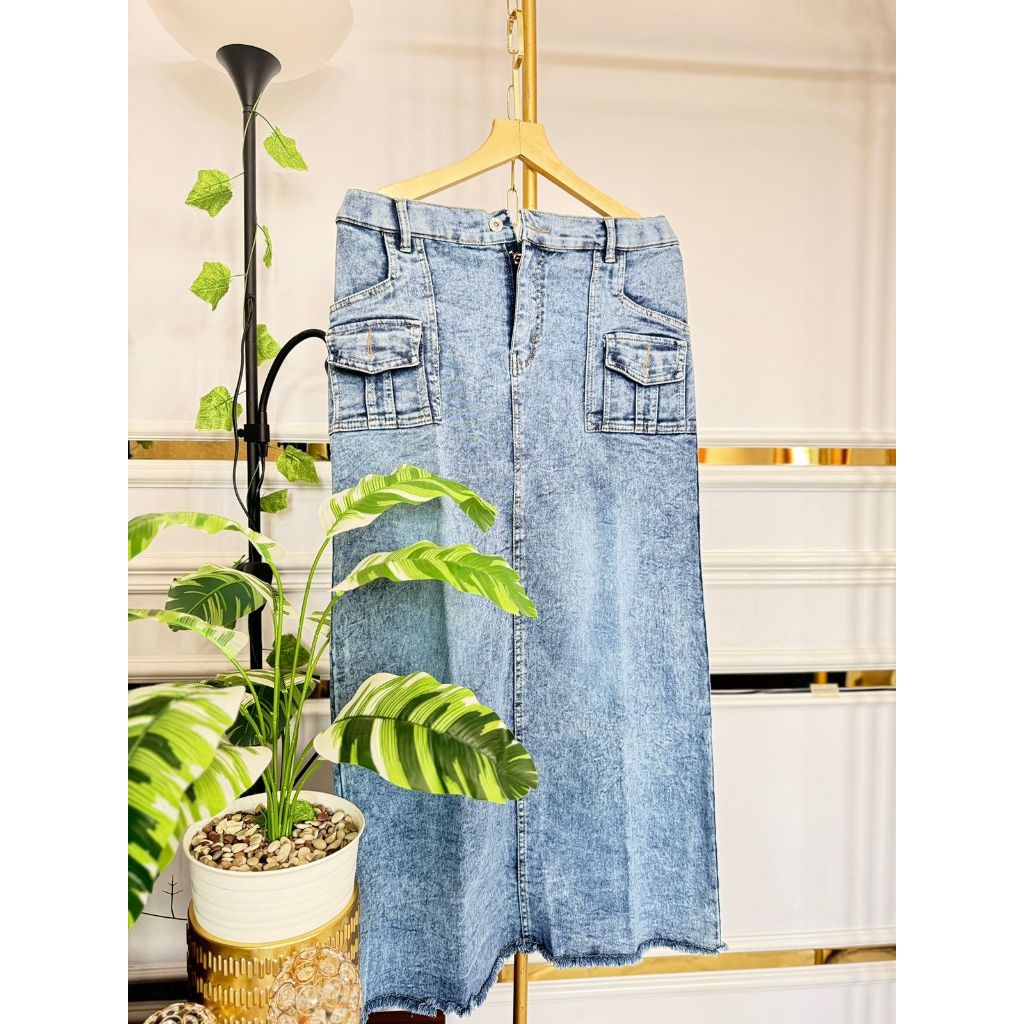 ROK CARGO JEANS HIGHWAIST// HIGHWAIST ROK JEANS RAWIS // Cargo Skirt - Rok Kargo Wanita Belah depan