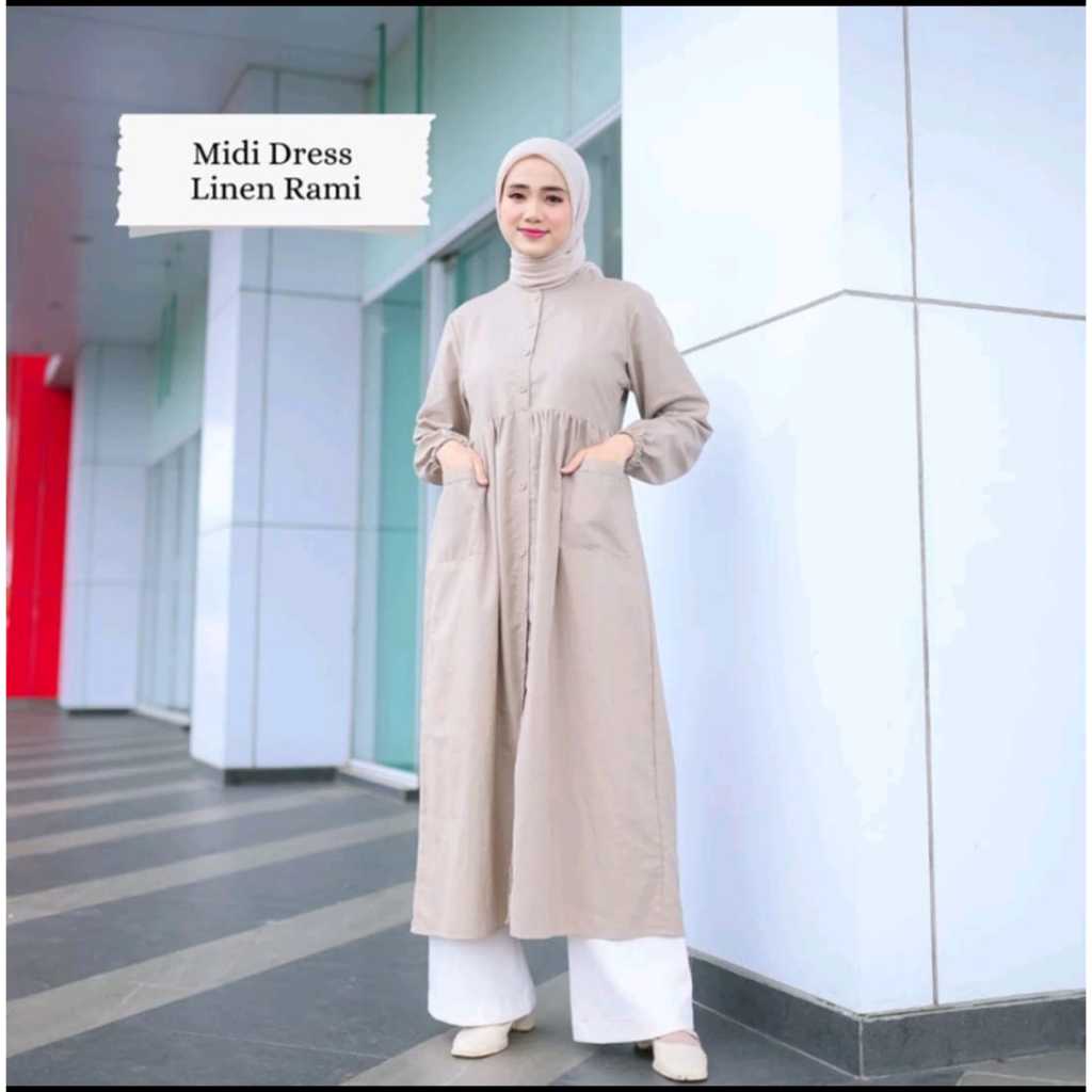 Baju Gamis Polos Katun Linen Rami Premium Midi Full Kancing Depan Busui Hijab Wanita Muslim Terbaru