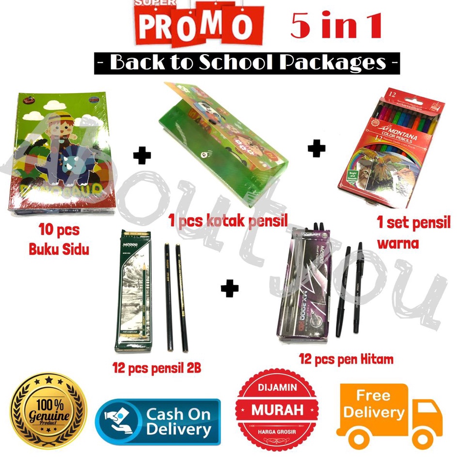 

Kejutan Promo PROMO 5 in 1 PAKET Alat Tulis Sekolah Set LENGKAP Buku Kotak Pensil Warna Pen murah