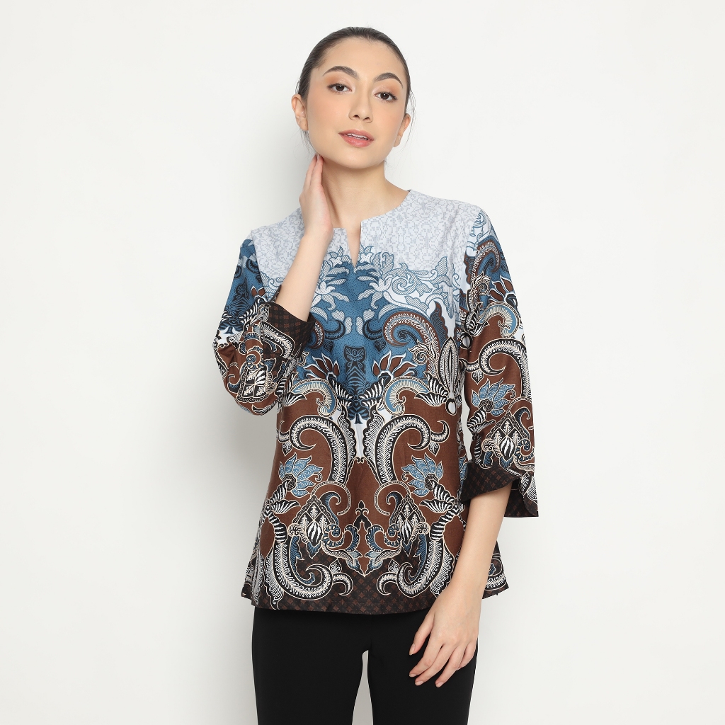 Blouse Batik Wanita Atasan Batik Wanita Lengan Panjang Motif Coklat OLR234