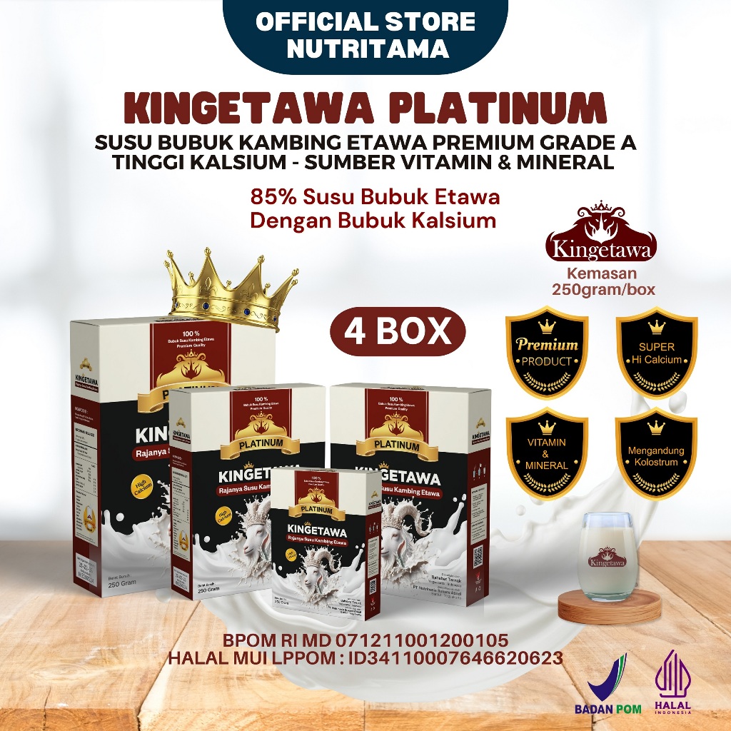 

Susu Etawa Bubuk Kingetawa Platinum Paket 4 Box - Susu Untuk Keluhan Pernafasan, Batuk, Bronchities, Paru2 - Susu Etawa Untuk Nyeri, Sendi Osteoporosis & Rematik