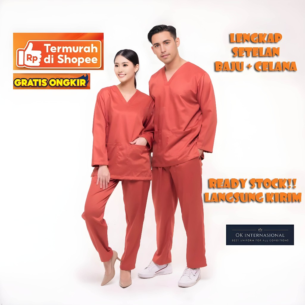 (Lokal Size Pure AS Cotton - Lengan Pendek & Panjang) Setelan Baju Celana Jaga Ok Oka Scrub Medis Na