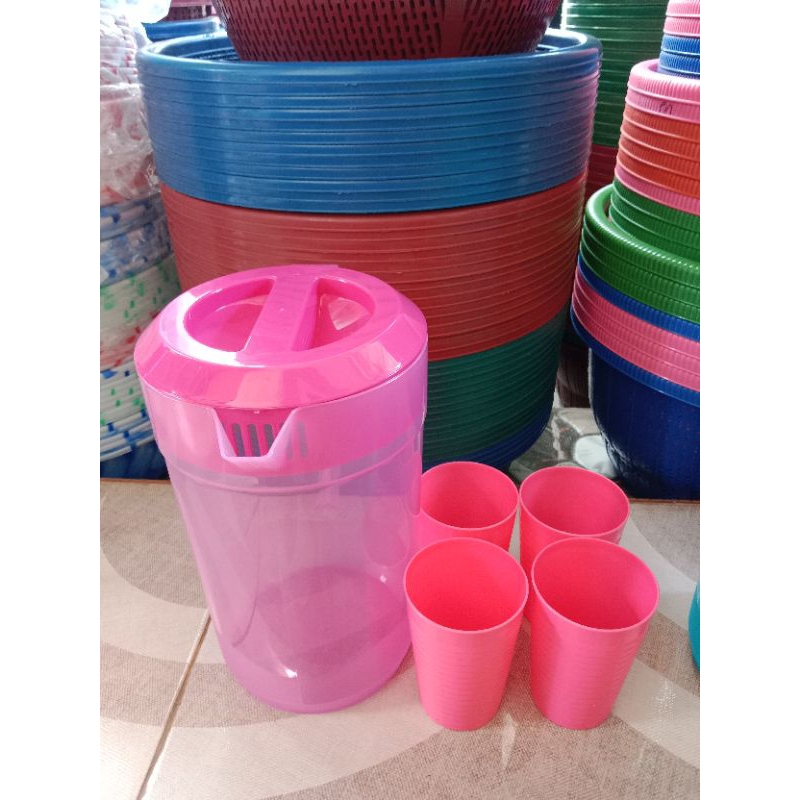 Dijual satu set teko plastik dan 4pcs cangkir / teko merek calista / teko ukuran 4Liter warna Hijau 