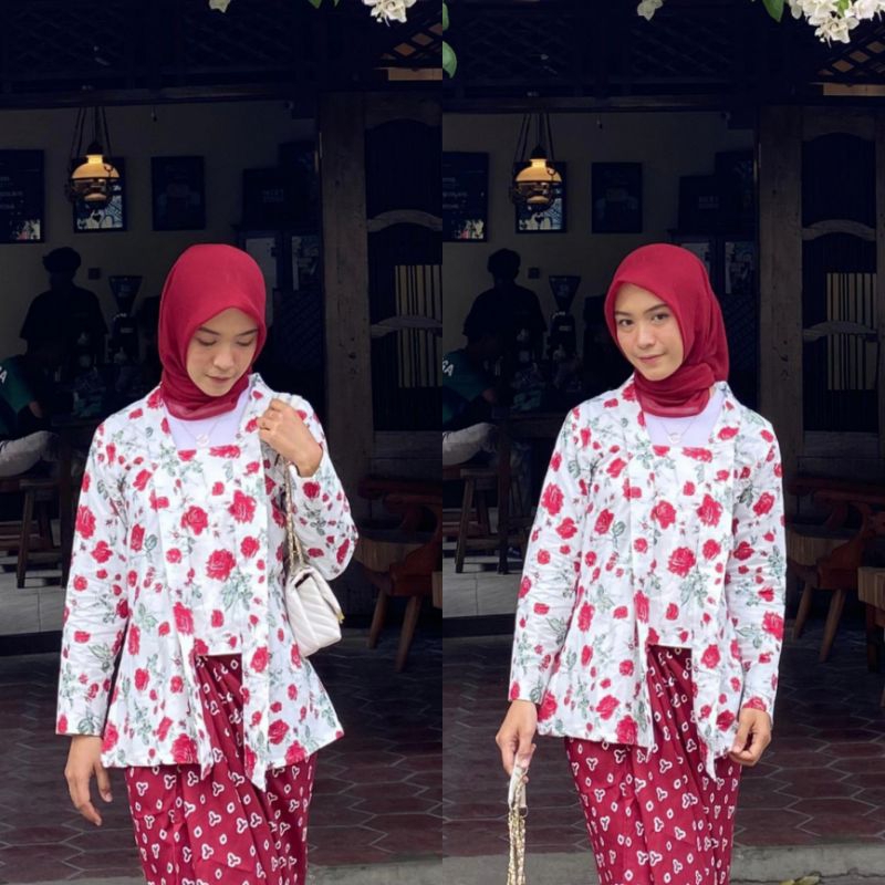 Set Kebaya Floral Mawar Putih Malaya Katun Rok Jumputan