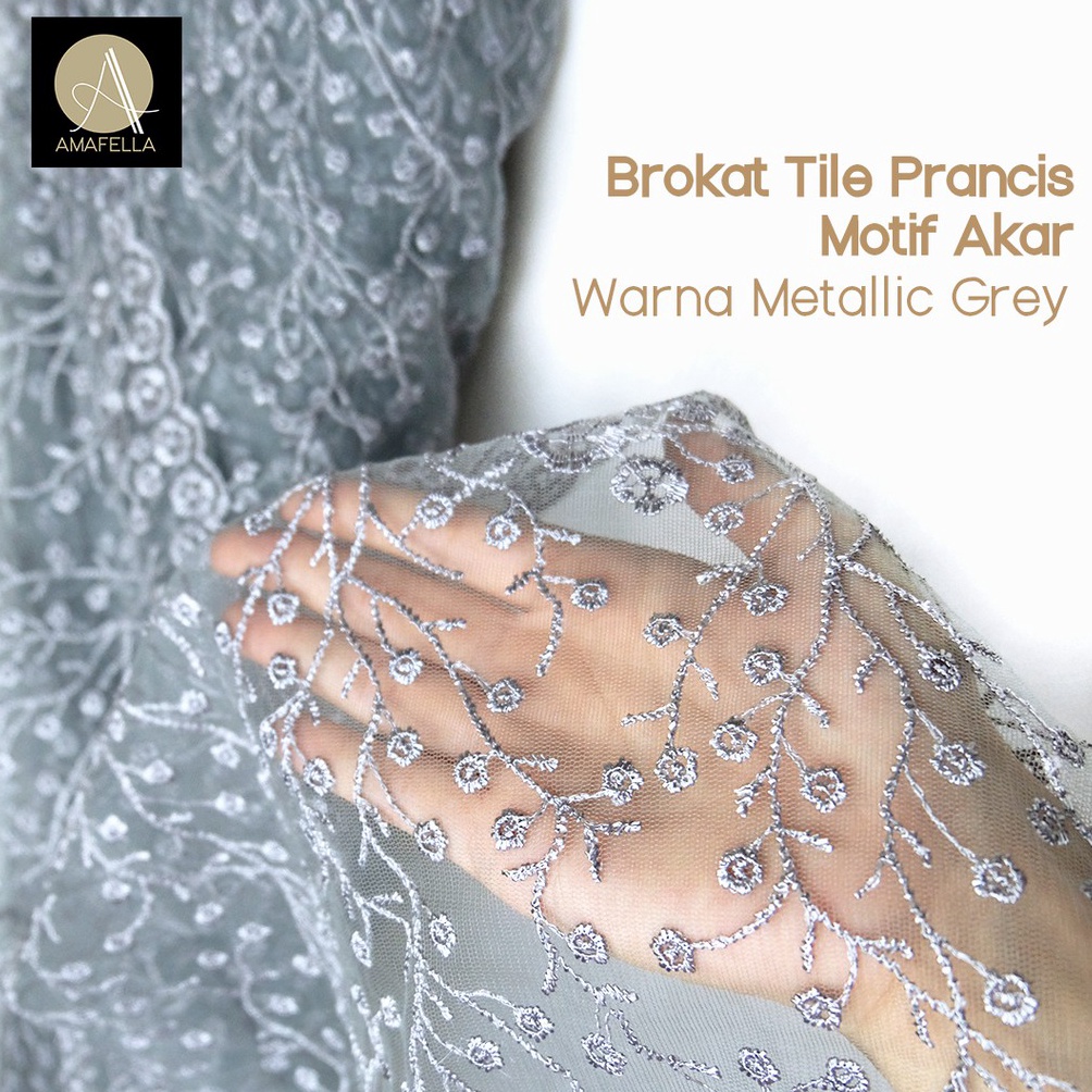 KODE G18R 12 meter Kain Brokat Brukat Tile Prancis Bahan Kebaya Motif Akar Warna Metallic Grey Abu