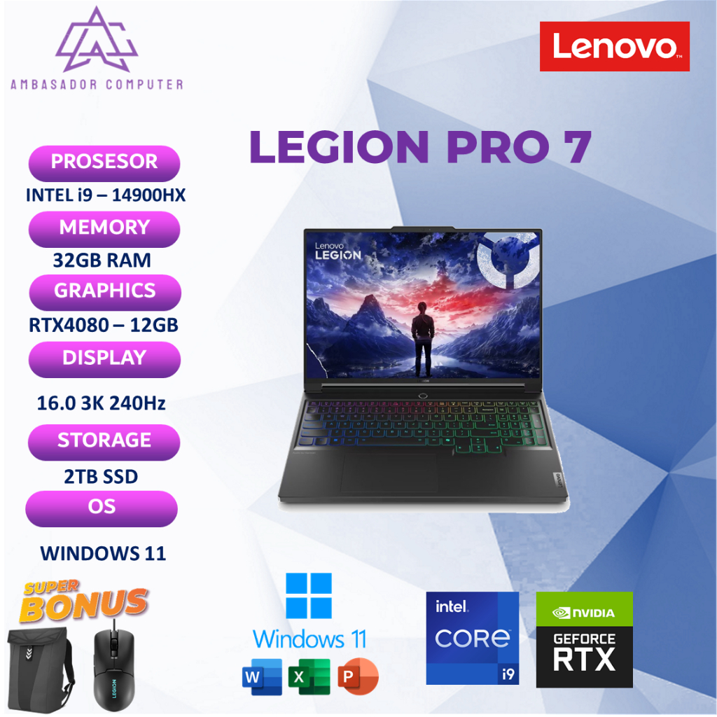 Lenovo Legion Pro 7 16 i9 14900HX RTX4080 12GB 32GB 2TB Windows11+OHS 2K 240Hz