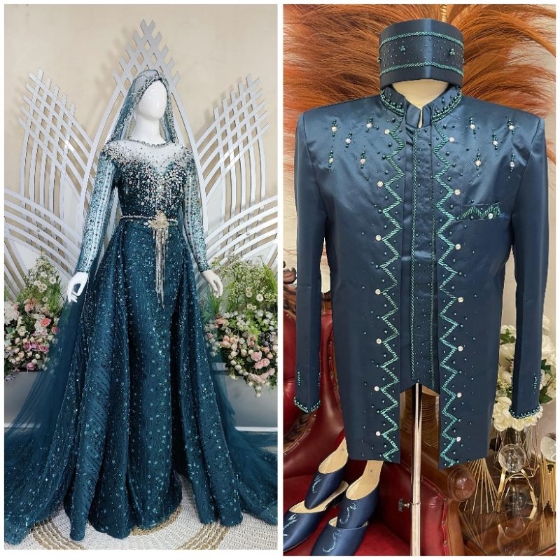 TERLARIS COUPLE BAJU PENGANTIN DRESS BEREKOR/GAUN WEDDING SLIM MUSLIMAH/BAJU PENGANTIN PAYET MEWAH