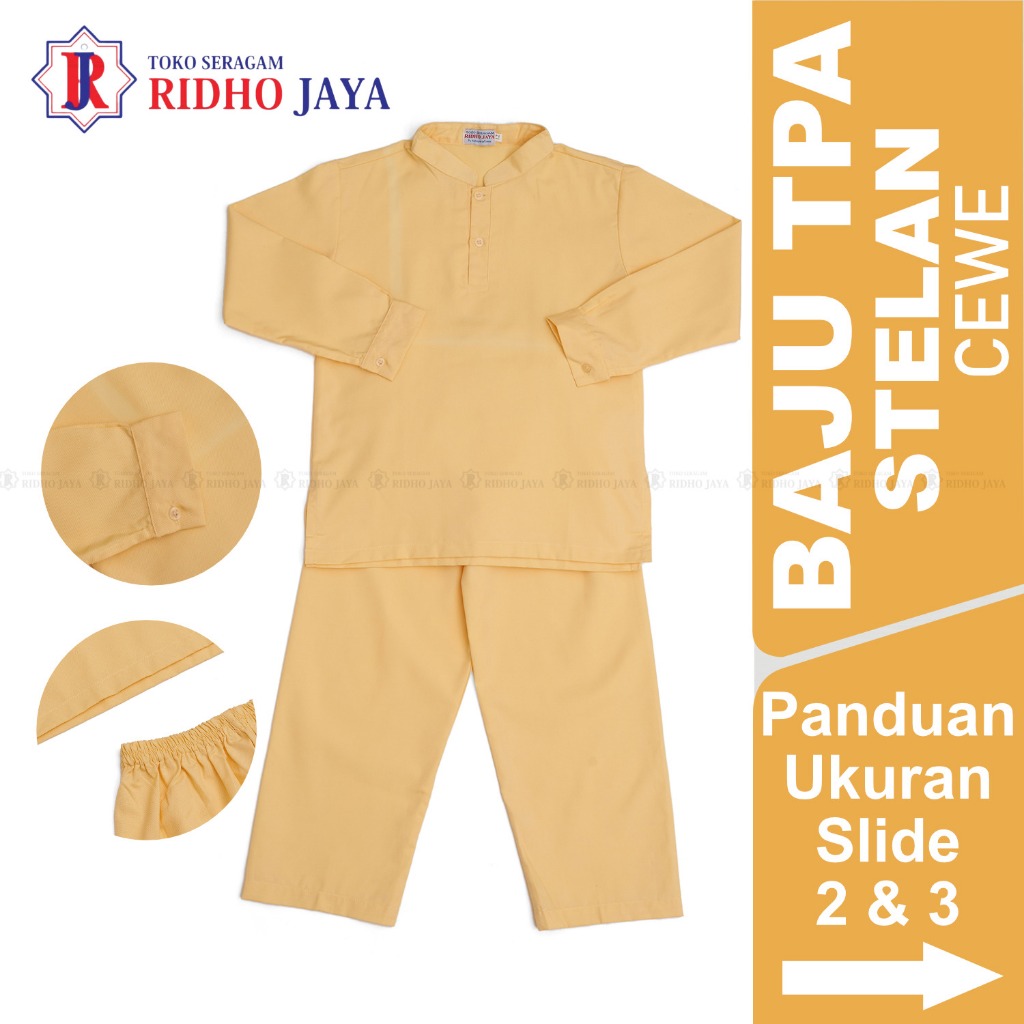 RIDHO JAYA Baju Muslim Tpa Stelan Cewe Kuning | Baju Tpa Setelan Bahan Katun | Baju Ngaji Anak Cewe 