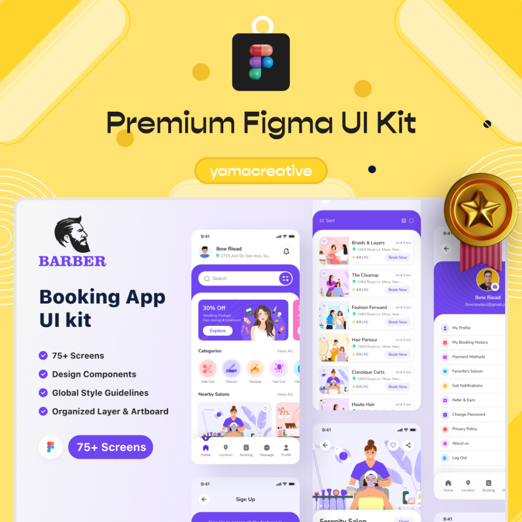 Barber Booking App 75+ Screen - Pro Figma UI Kit