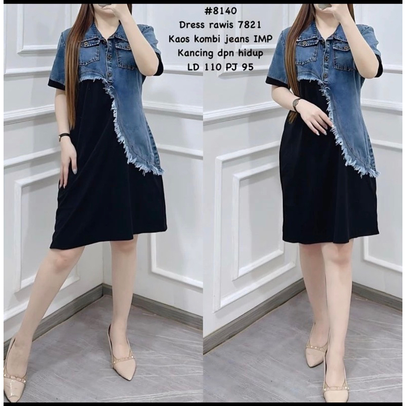midi dress jeans kombinasi kaos hitam