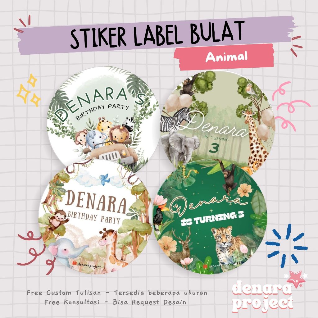 

(50 PCS) Stiker Bulat Custom Bento Hampers Ulang tahun Animal Jungle