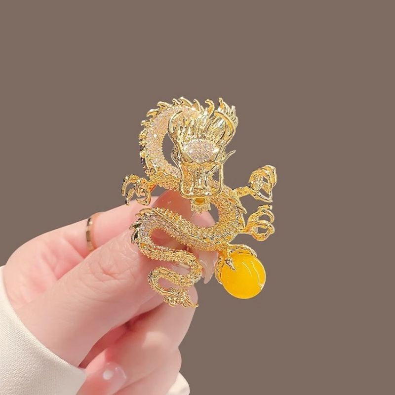 Lapel Pin Bros Motif Naga Bola Kuning Pin Jas Wanita Kuningan Bros Jas Pria Wanita Bross Hijab