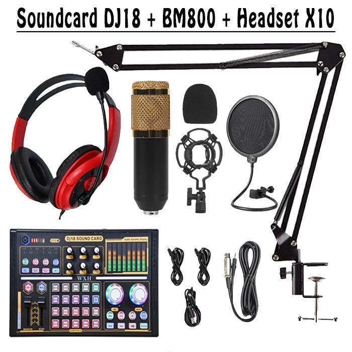 TMEN - Paket Lengkap Sound Card DJ18 Plus Microphone Condenser BM800 + Headset X10