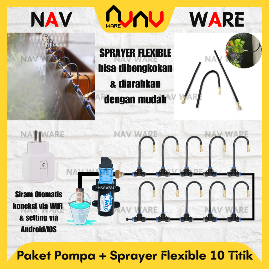 Paket Sprayer Flexible Tube 10 Titik Adjustable - Pompa HIU 100Psi DC 12V + Smart Timer WiFi Support