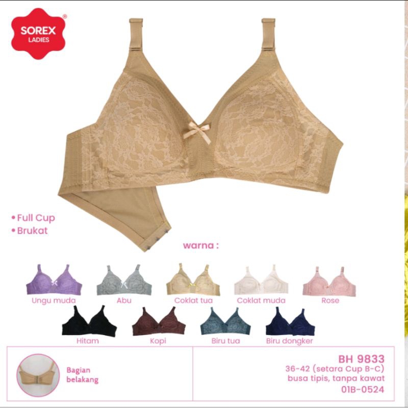Sorex Bra Busa Tipis Tanpa Kawat Kait 3 Full Cup Brukat Harian BH 9833