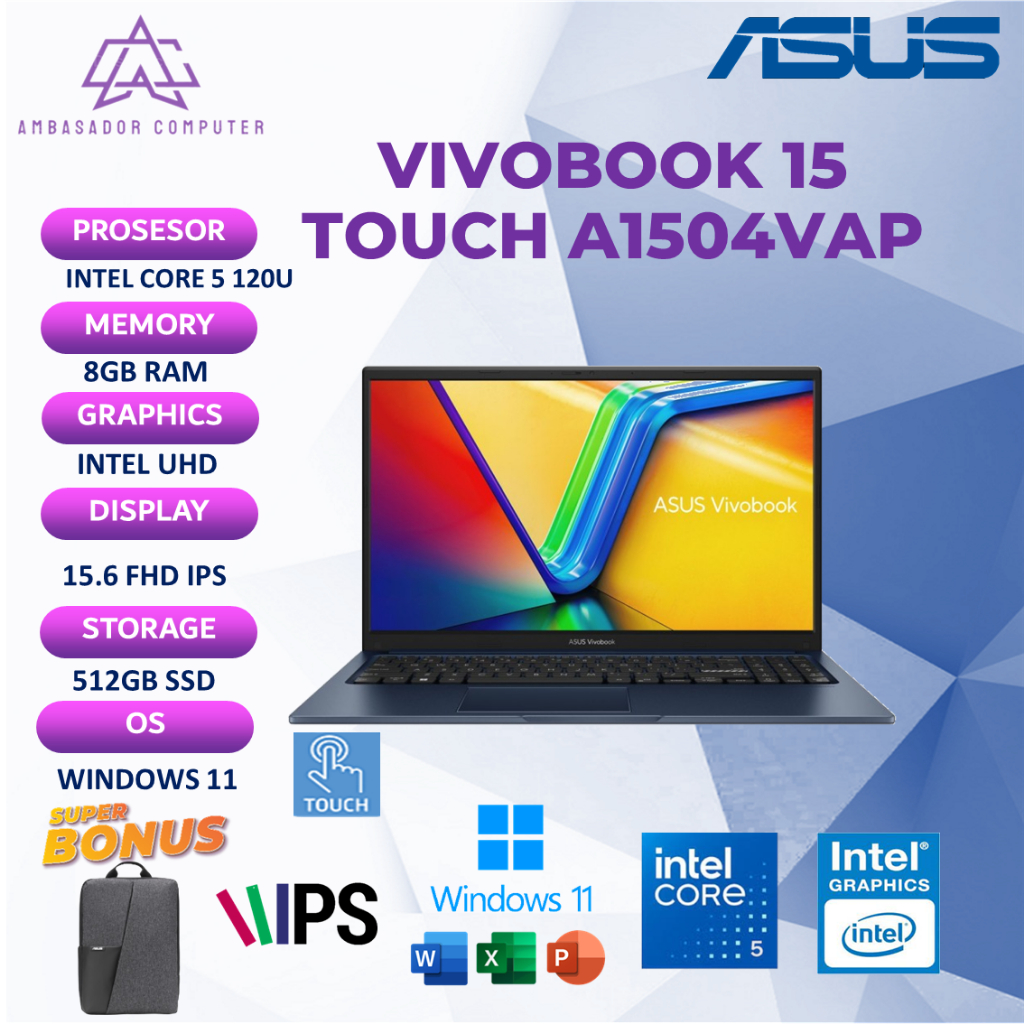 Asus Vivobook 15 Touch A1504VAP Core i5 120U 16GB 512GB Windows11+OHS IPS