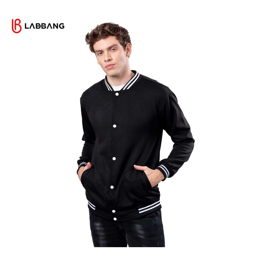 LABBANG Jacket Varsity Baseball Kancing Hitam Polos Pria Wanita Cotton Fleece Premium