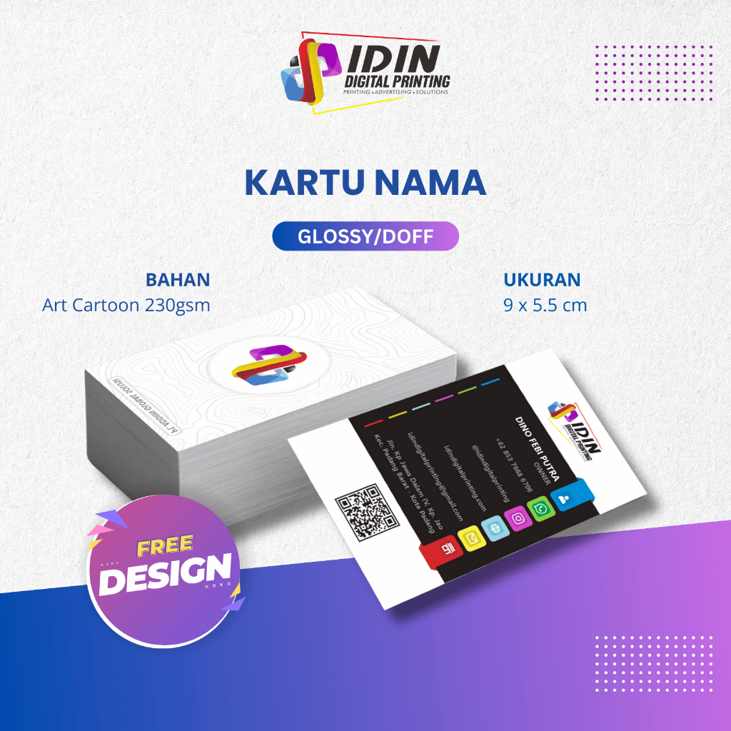 

Cetak Kartu Nama 100 PCS 1 Kotak Art Carton 230 gsm - Percetakan Idin Digital Printing