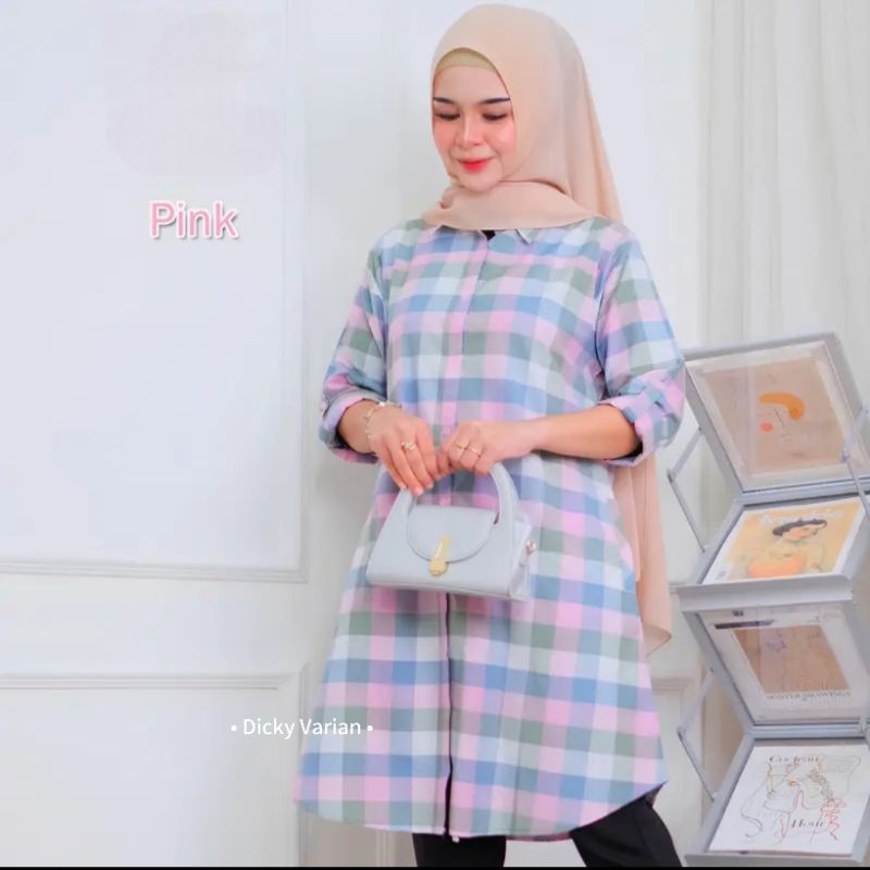 Tunik Katun Kotak Wanita Kemeja Tunik Kotak Kekinian