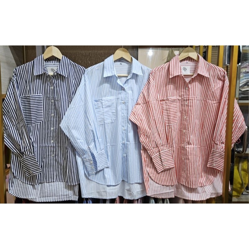 Kemeja Oversize Katun Jepang Motif Garis