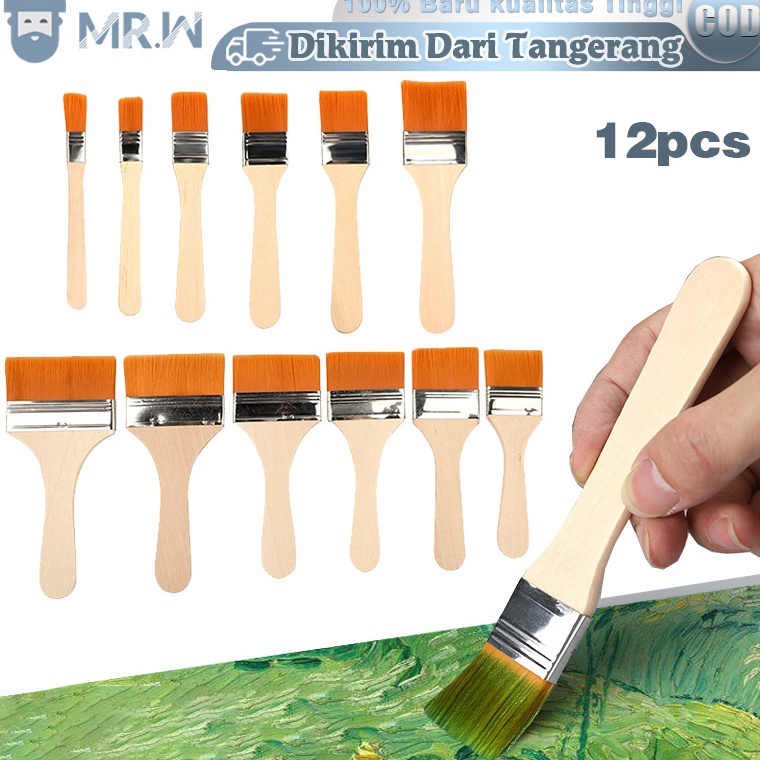 

KODE Q87Y 12pcsset Kuas Cat Gagang Kayu Tebal Halus Kuas Lukis Besar Lebar Set Nylon Flat Art Brush Painting Brush For Canvas