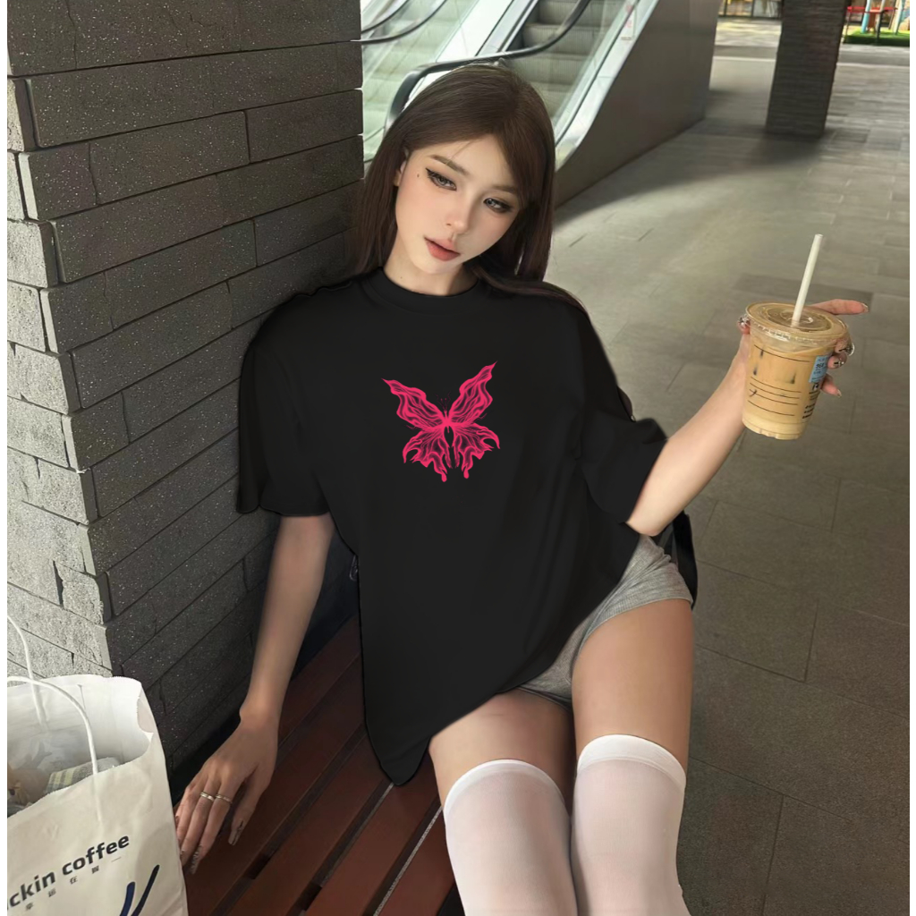 COD Kaos/Baju/T-shirt Wanita Oversize Korean Style Lengan Pendek Butterfly