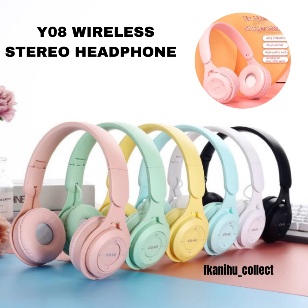 Headphone Bluetooth - HEADPHONE BLUETOOTH HEADSET WIRELESS MACARON Y08 STEREO HEADPHONE