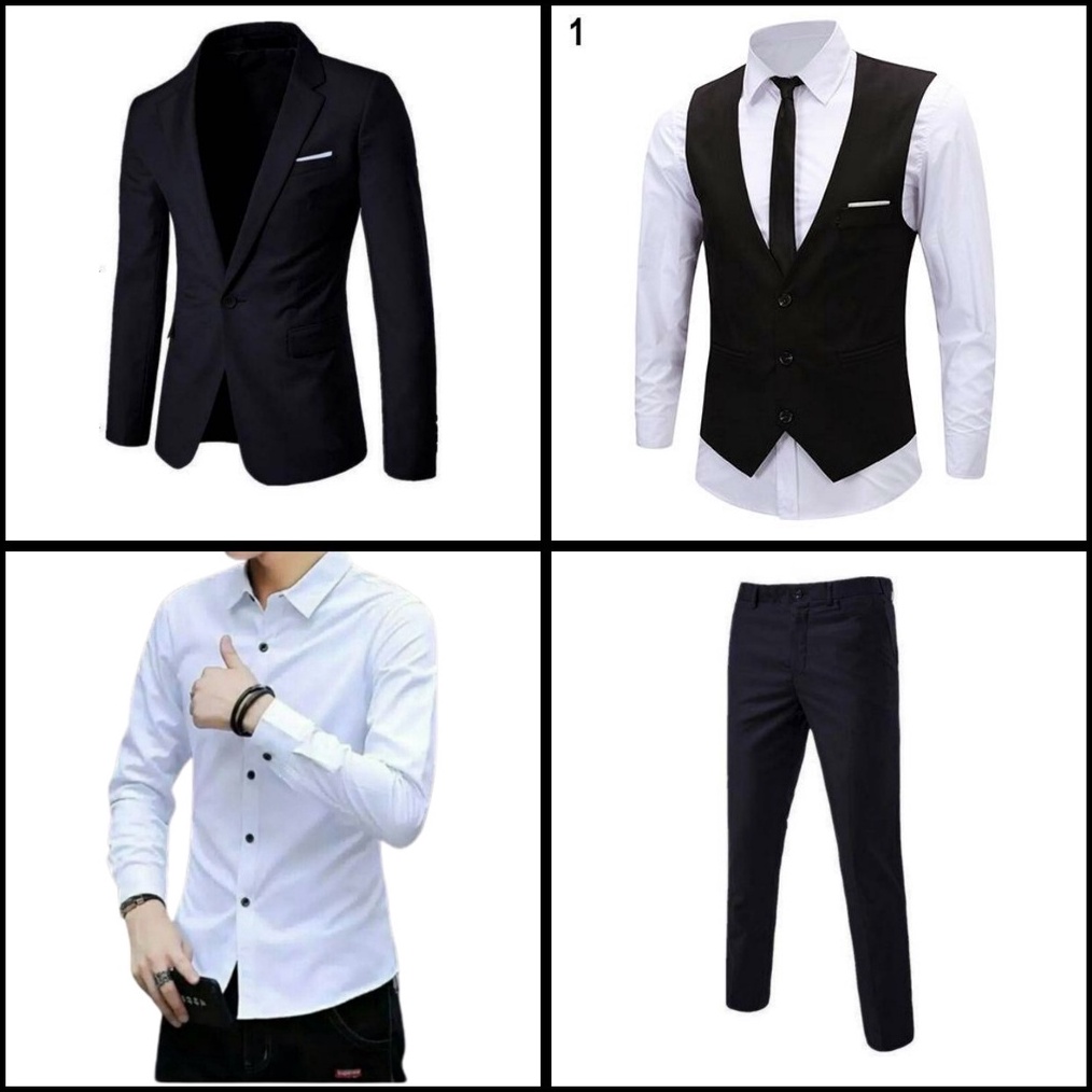 SETELAN JAS PRIA setelan jas hitam list putih dan celana slimfit formal stelan jas hitam pria