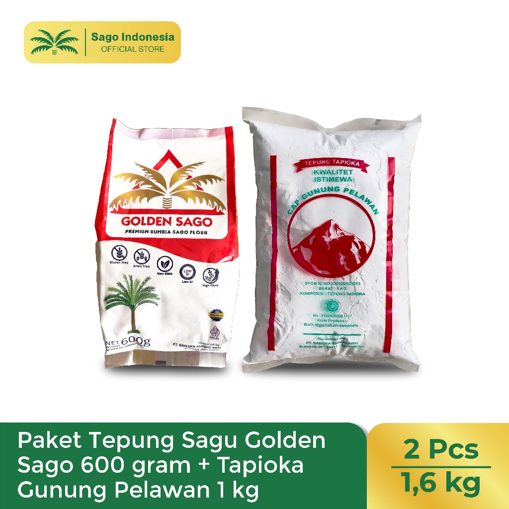 

Paket Tepung Sagu Golden Sago 600 gram + Tepung Tapioka Gunung Pelawan 1 kg