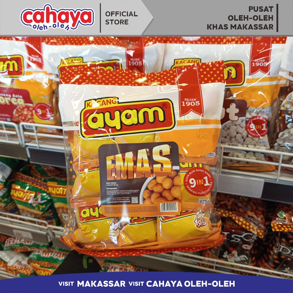 

Kacang Ayam Emas Cahaya Oleh Oleh Khas Makassar 225gr 9 in 1