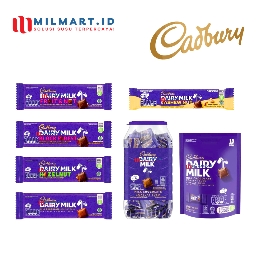 

CADBURY DAIRY MILK CHOCOLATE ORIGINAL HAZELNUT COKLAT BLACK FOREST CASHEW NUT CADBURY