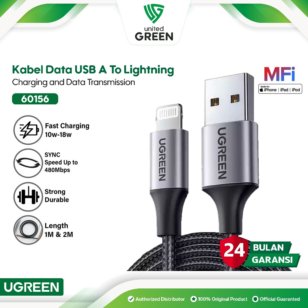 UGREEN Kabel Data iPhone USB to Lightning MFi Fast Charging 1 Meter 18 Watt 2.4 A Support Power Deli