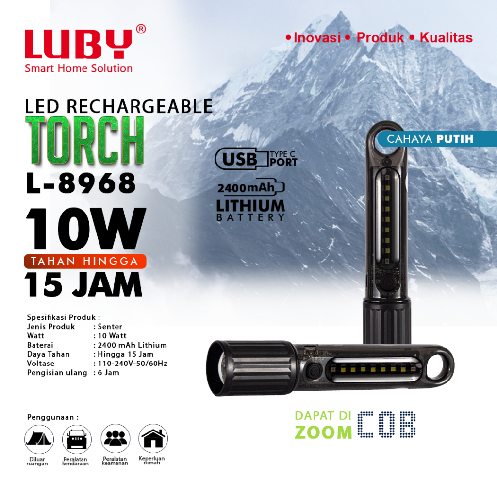 LUBY Flashlight Senter Tangan 10 Watt Tahan Lama Rechargeable L 8968