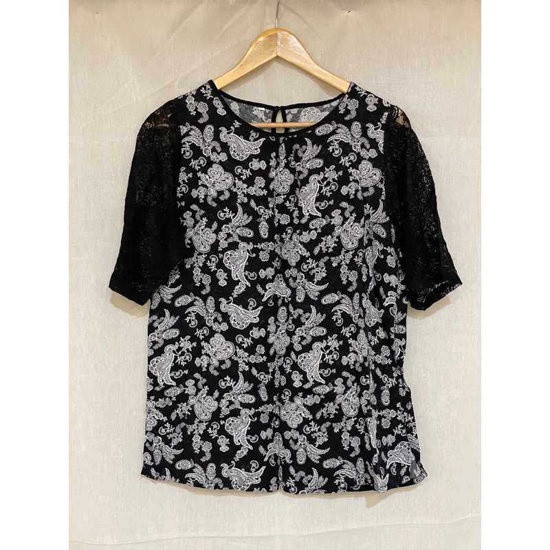 JS 215 pakaian wanita baju atasan kaos blouse lengan pendek brokat lace hitam