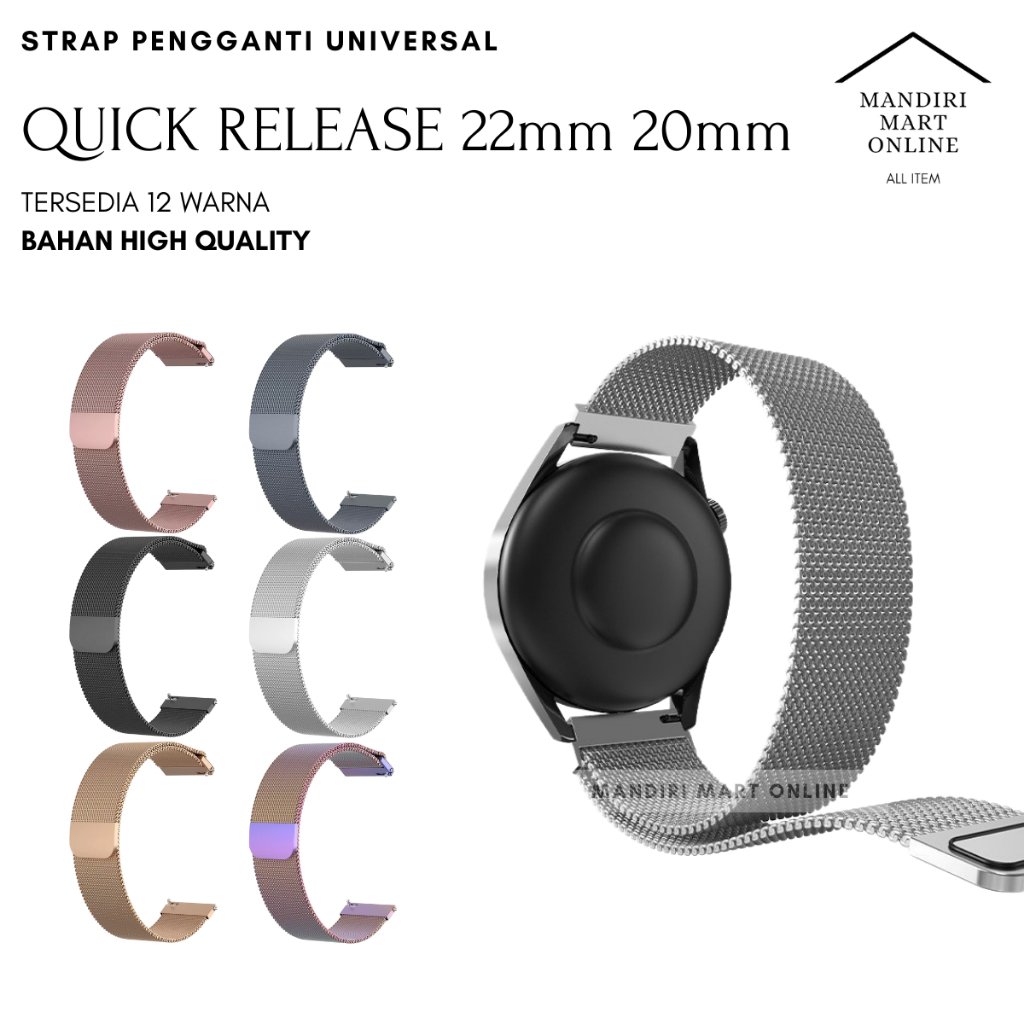 Strap Tali Universal 22mm 20mm Milanese Quick Release Metal Stainless Strap Penganti Smartwatch Mila